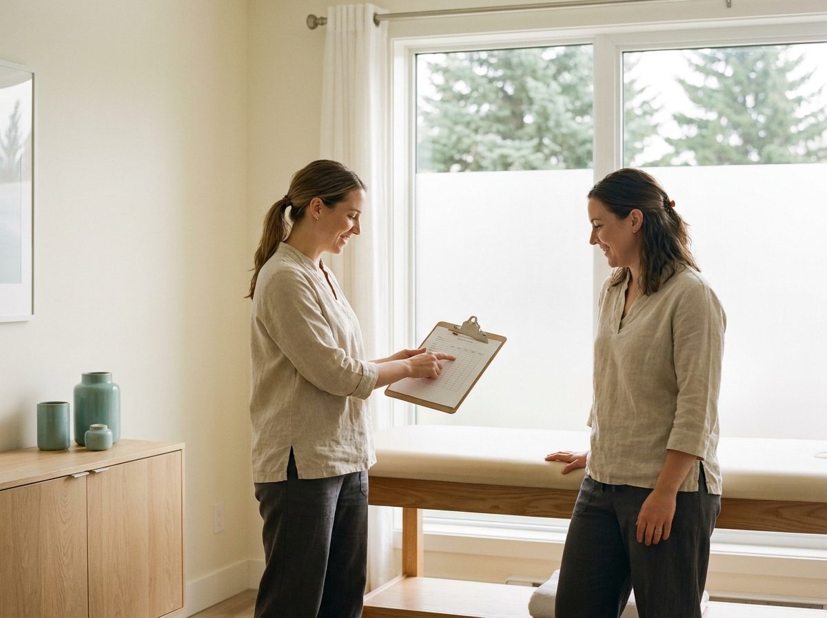 Two registered massage therapists reviewing a treatment plan