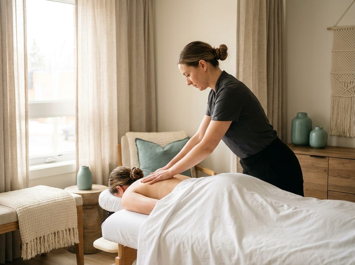 Massage therapist treating a client with professional draping