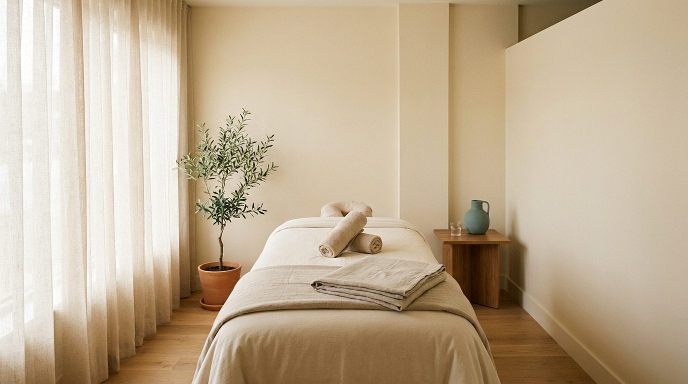 Calm massage therapy treatment room with natural light