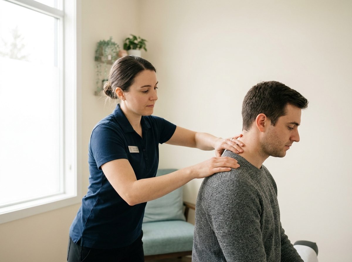 Therapist performing a shoulder assessment on a client
