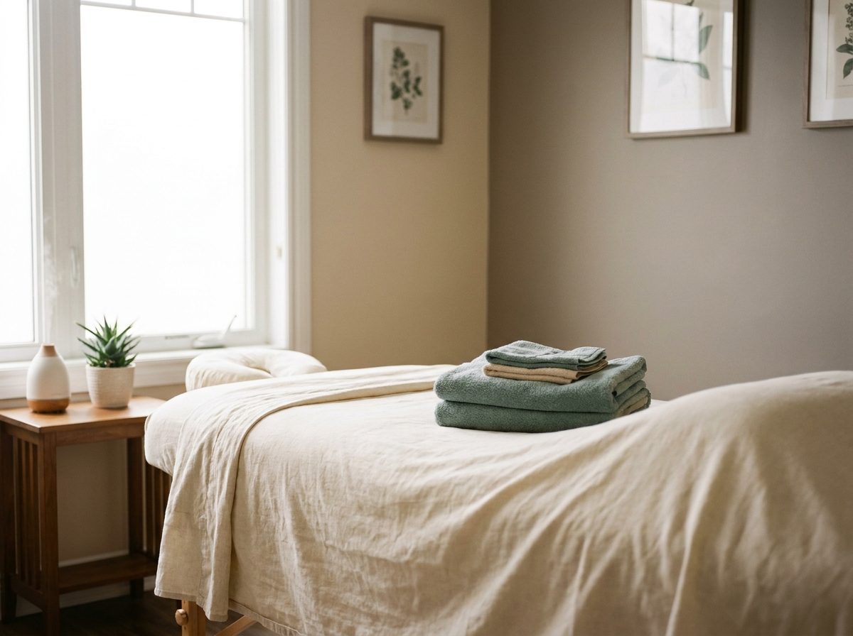 Warm, inviting massage therapy treatment room