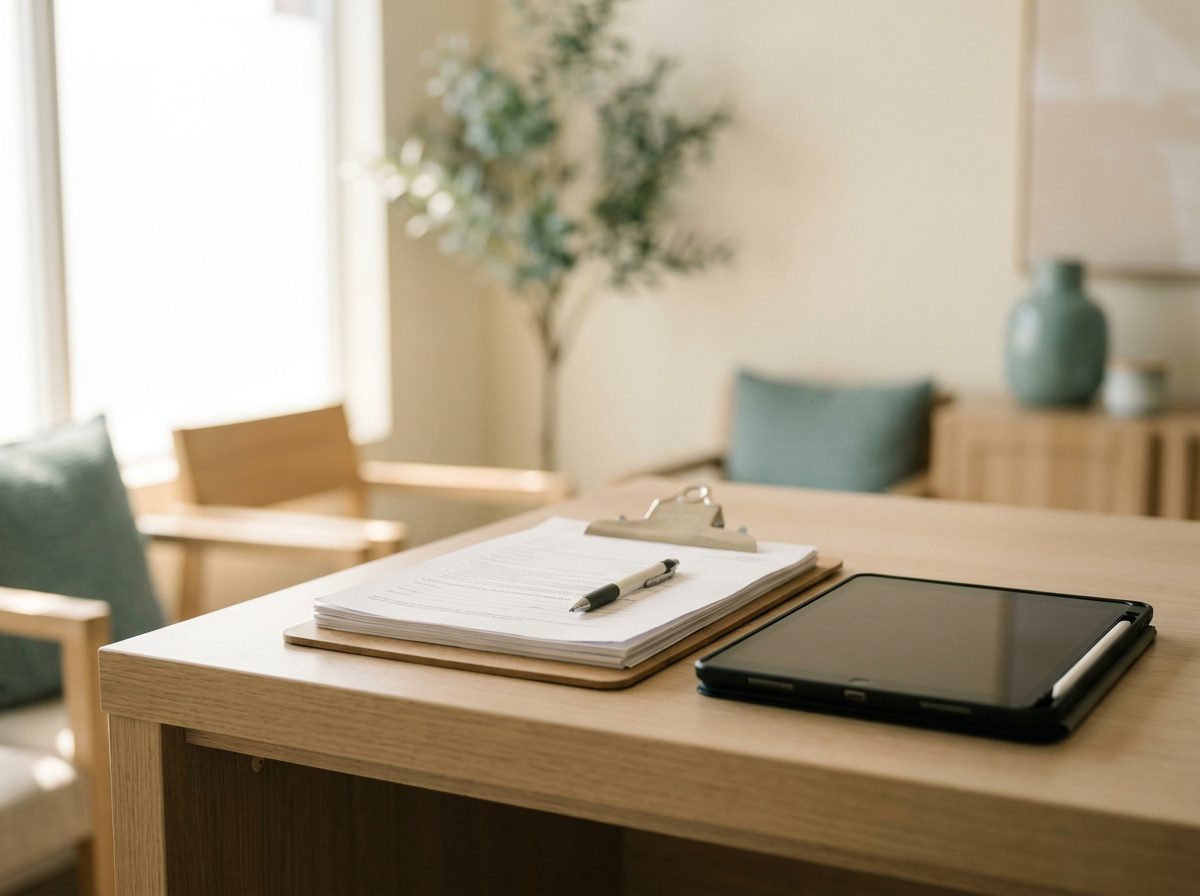 Intake paperwork and tablet at the clinic reception desk