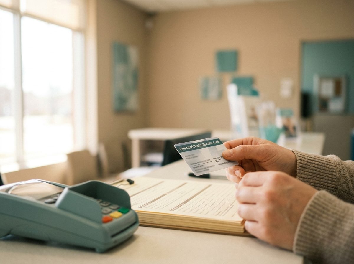 Reviewing an extended health benefits card at reception