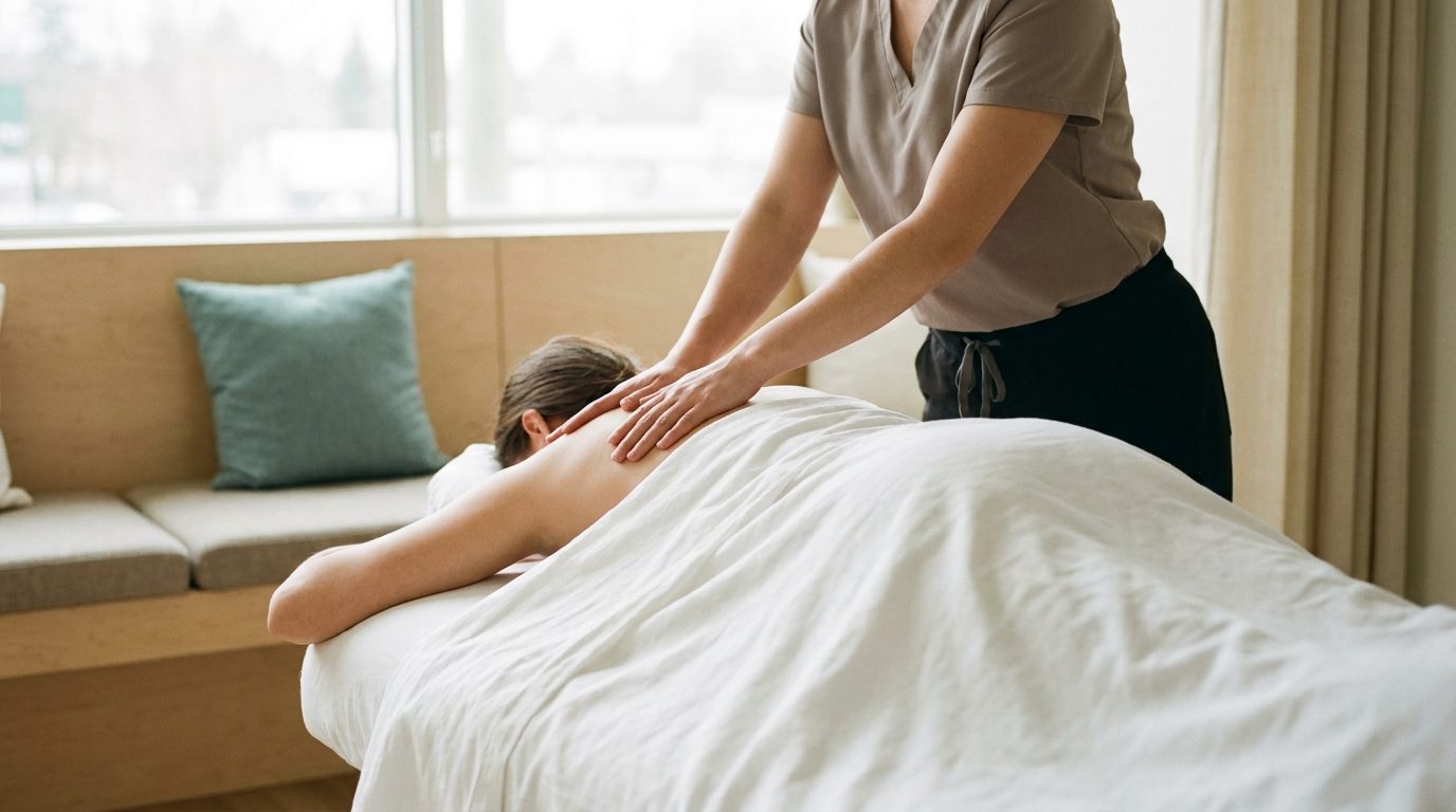 Registered massage therapist treating a client in a calm Metrotown clinic