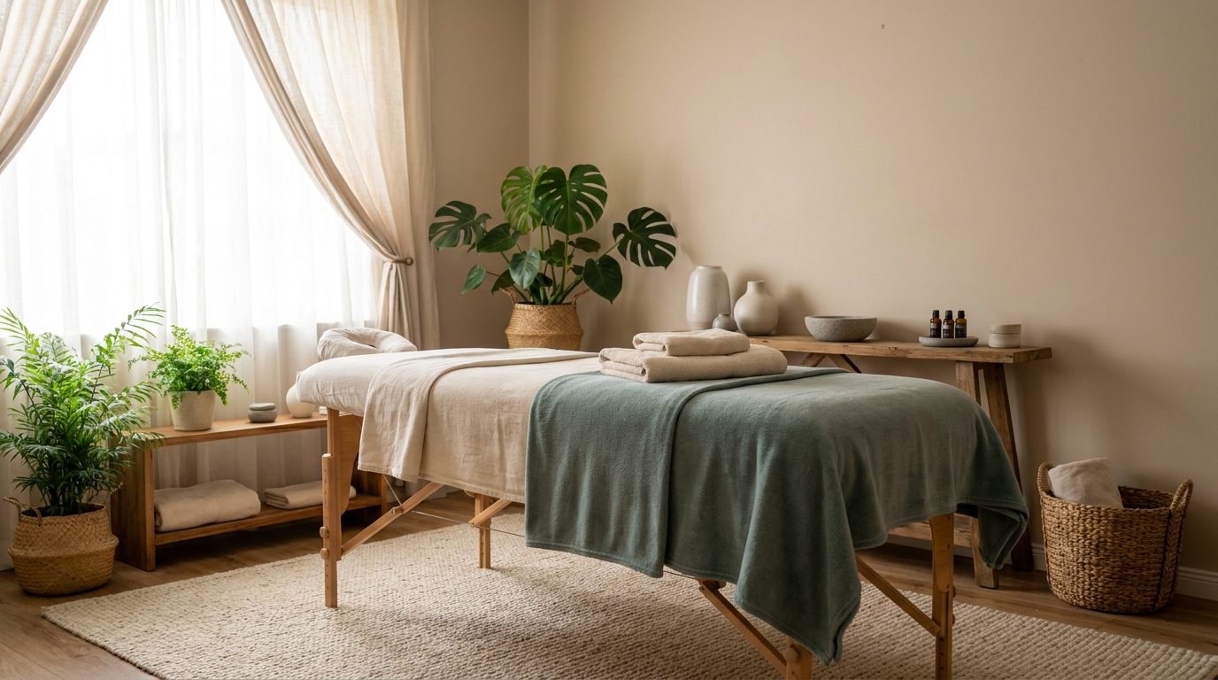 Calm massage therapy treatment room at the clinic